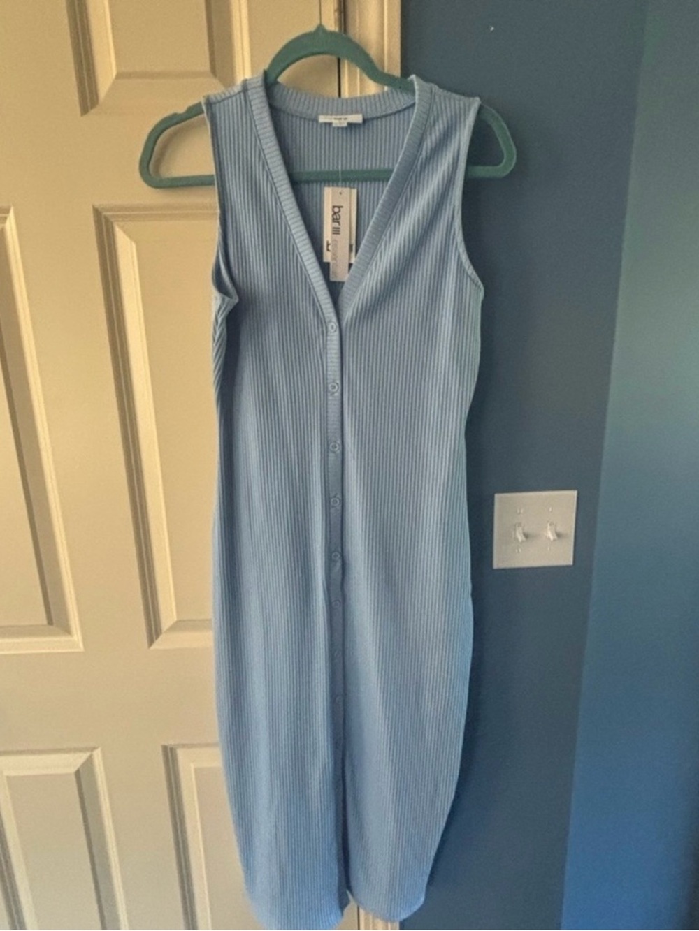 Bar III Light Blue Ribbed Button-Front Midi Dress
